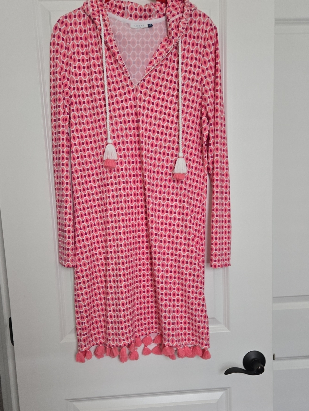 Cabana Life Pink Geometric Hooded Tassel Dress